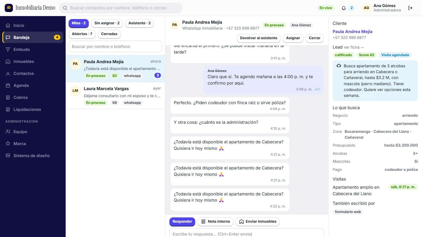 Inmobitrix, bandeja omnicanal con datos de demostración
