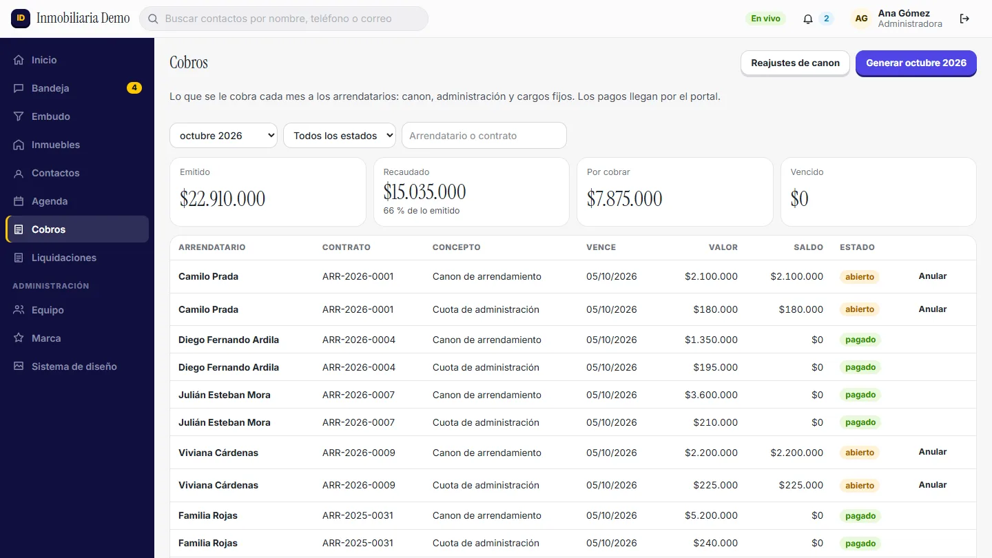 Inmobitrix, cobros de arriendos con datos de demostración
