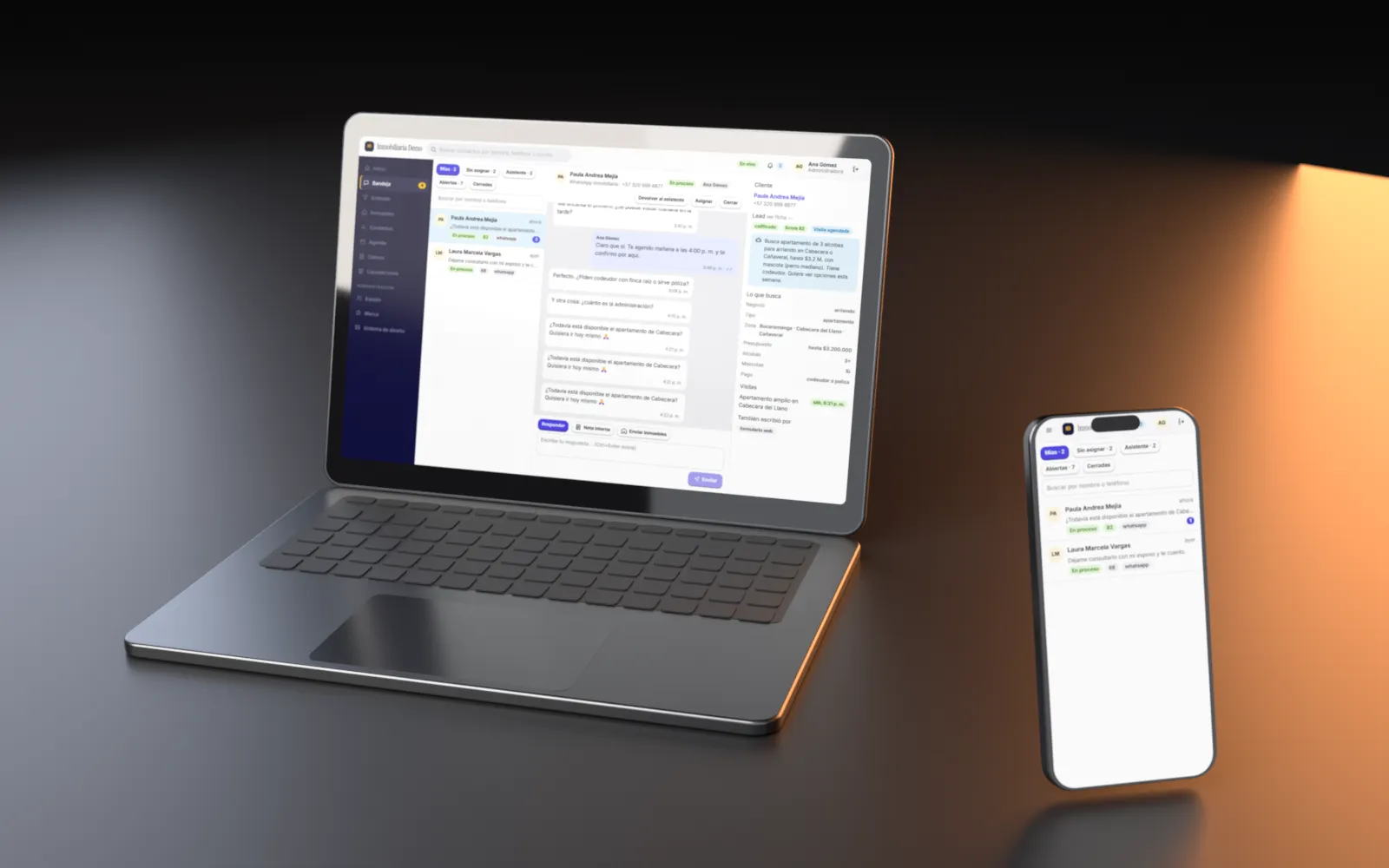 Inmobitrix en un portátil y un celular: bandeja de mensajes y embudo comercial con datos de demostración